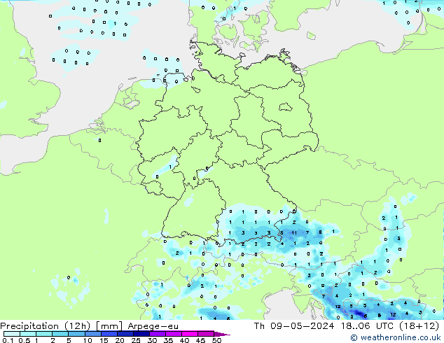 Precipitación (12h) Arpege-eu jue 09.05.2024 06 UTC