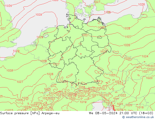地面气压 Arpege-eu 星期三 08.05.2024 21 UTC