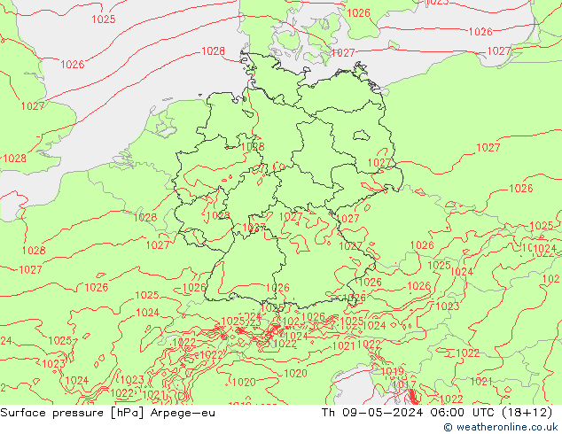 Surface pressure Arpege-eu Th 09.05.2024 06 UTC