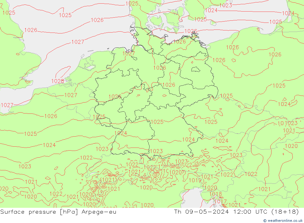 Pressione al suolo Arpege-eu gio 09.05.2024 12 UTC