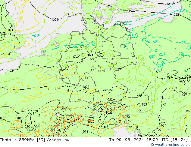 Theta-e 850hPa Arpege-eu Do 09.05.2024 18 UTC