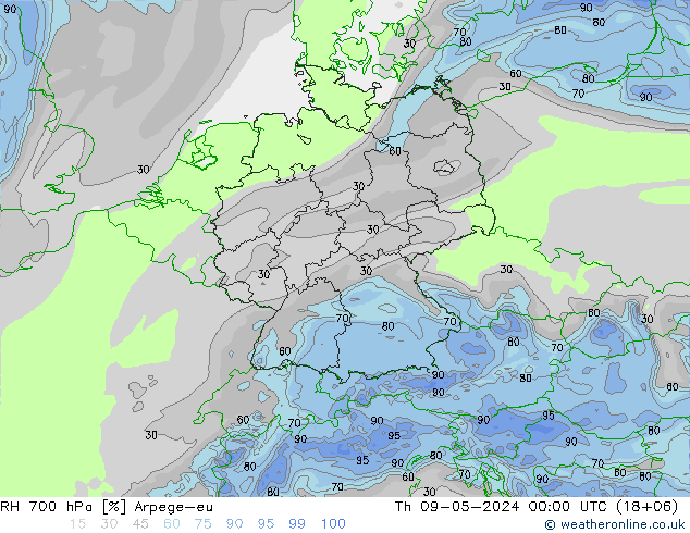 RH 700 hPa Arpege-eu 星期四 09.05.2024 00 UTC