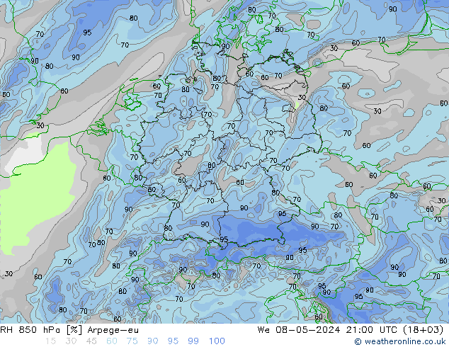 RH 850 hPa Arpege-eu Qua 08.05.2024 21 UTC