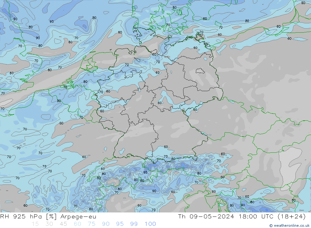 RH 925 hPa Arpege-eu Do 09.05.2024 18 UTC