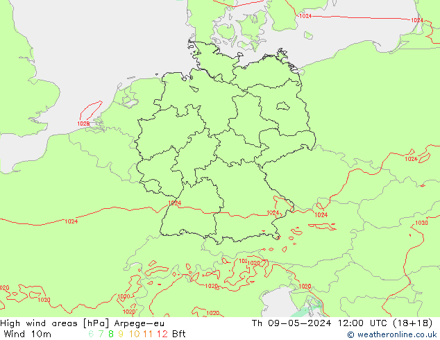 High wind areas Arpege-eu Th 09.05.2024 12 UTC