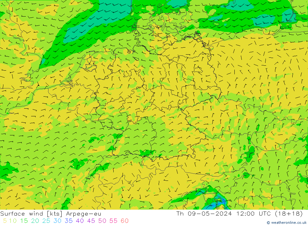 wiatr 10 m Arpege-eu czw. 09.05.2024 12 UTC