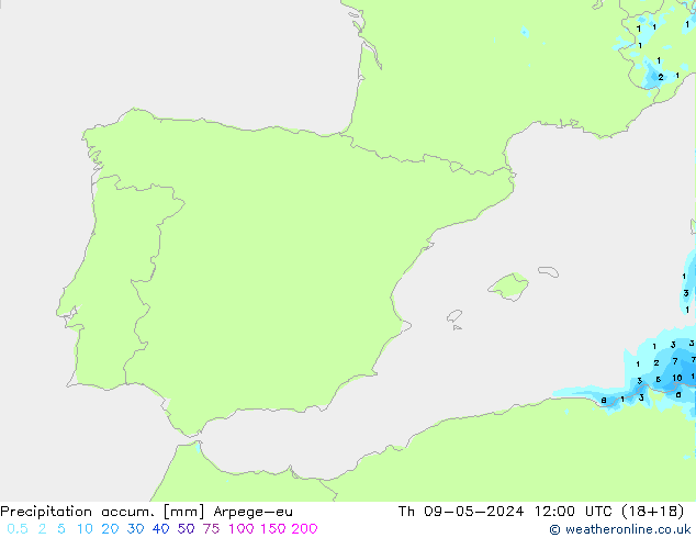Totale neerslag Arpege-eu do 09.05.2024 12 UTC