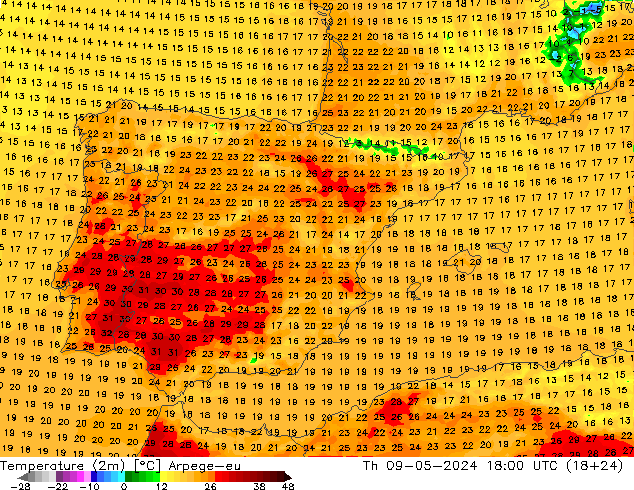 Temperature (2m) Arpege-eu Th 09.05.2024 18 UTC