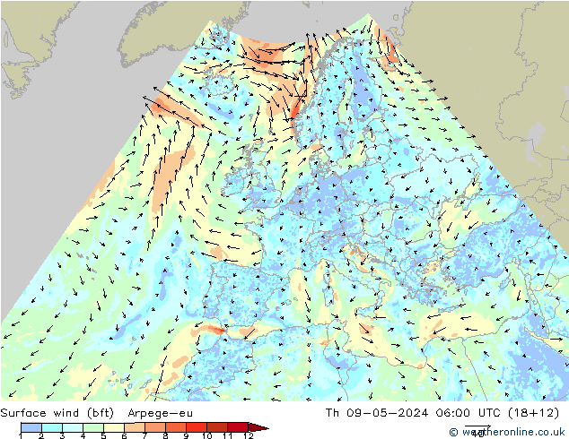 Bodenwind (bft) Arpege-eu Do 09.05.2024 06 UTC