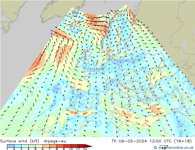 Surface wind (bft) Arpege-eu Čt 09.05.2024 12 UTC