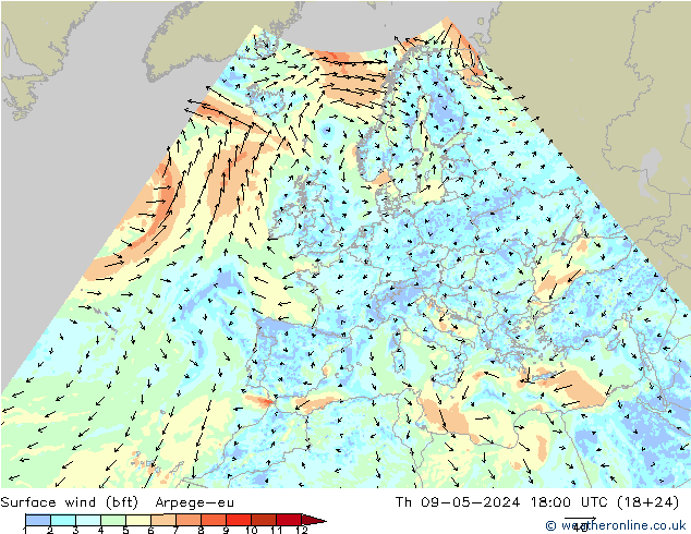 Surface wind (bft) Arpege-eu Th 09.05.2024 18 UTC