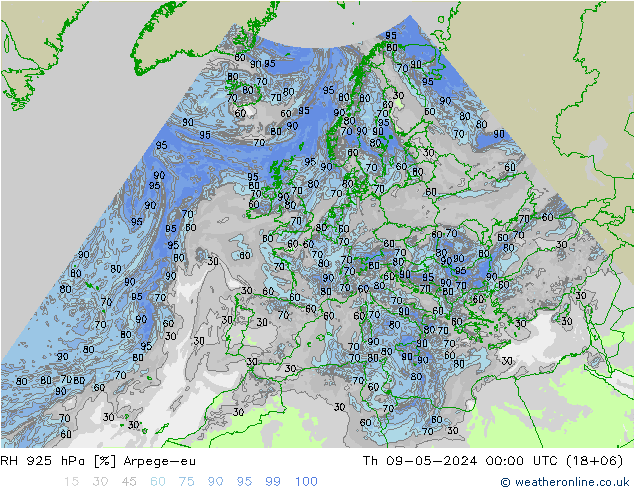 RH 925 hPa Arpege-eu Th 09.05.2024 00 UTC