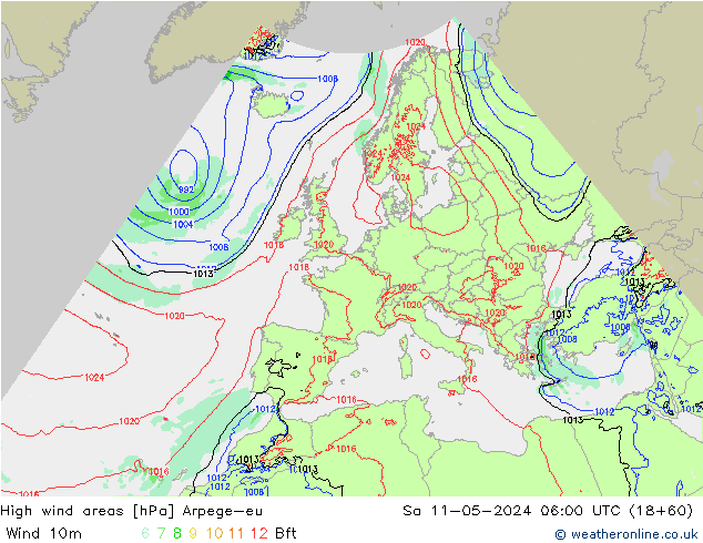 High wind areas Arpege-eu So 11.05.2024 06 UTC