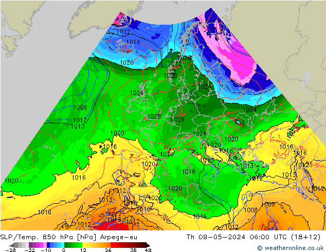 SLP/Temp. 850 hPa Arpege-eu Do 09.05.2024 06 UTC