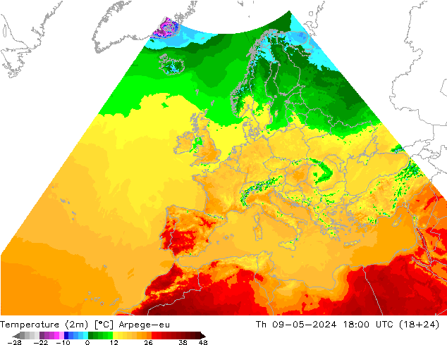 Temperatuurkaart (2m) Arpege-eu do 09.05.2024 18 UTC