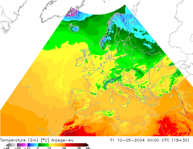 mapa temperatury (2m) Arpege-eu pt. 10.05.2024 00 UTC