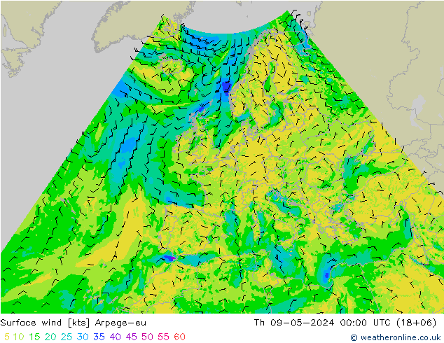 wiatr 10 m Arpege-eu czw. 09.05.2024 00 UTC