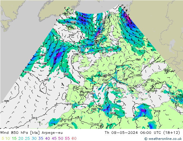 Wind 850 hPa Arpege-eu Do 09.05.2024 06 UTC