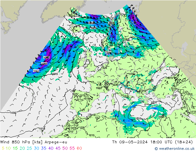 Wind 850 hPa Arpege-eu Do 09.05.2024 18 UTC