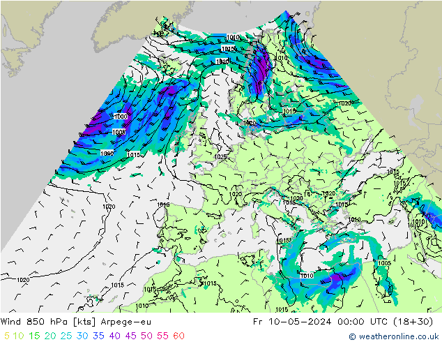 wiatr 850 hPa Arpege-eu pt. 10.05.2024 00 UTC