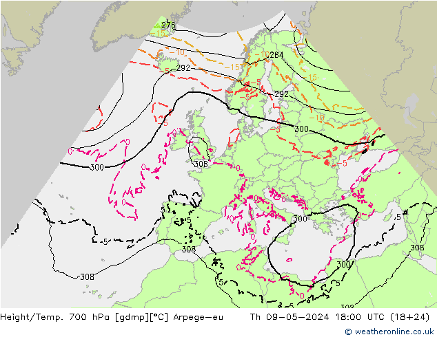 Height/Temp. 700 hPa Arpege-eu Th 09.05.2024 18 UTC