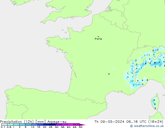 Precipitação (12h) Arpege-eu Qui 09.05.2024 18 UTC