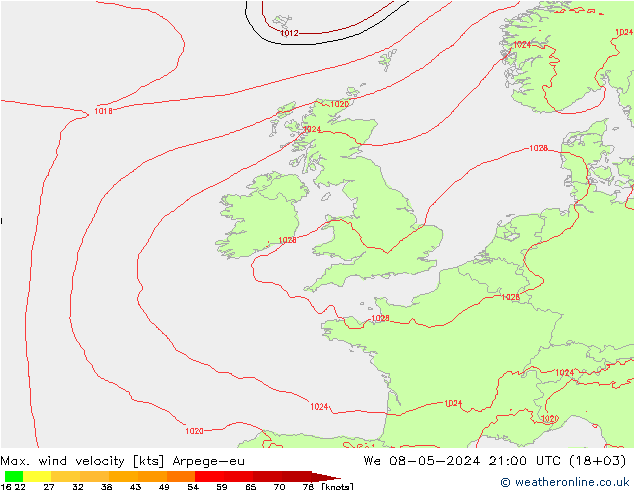 Max. wind snelheid Arpege-eu wo 08.05.2024 21 UTC