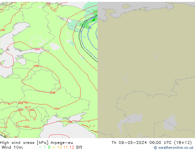 High wind areas Arpege-eu Qui 09.05.2024 06 UTC
