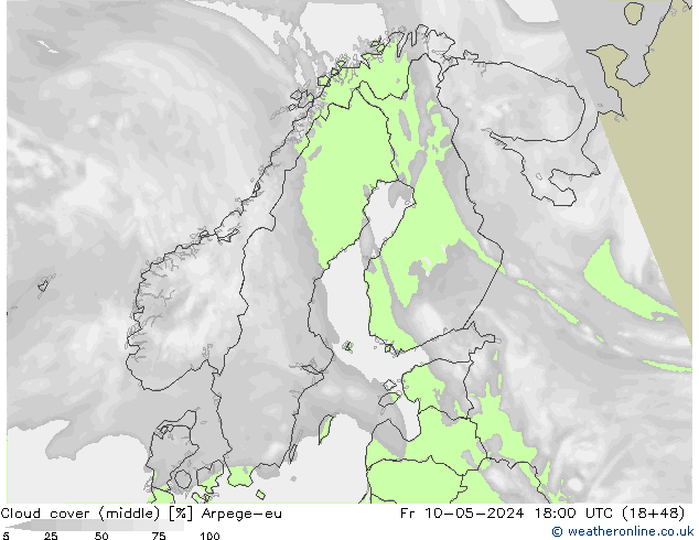 Cloud cover (middle) Arpege-eu Fr 10.05.2024 18 UTC