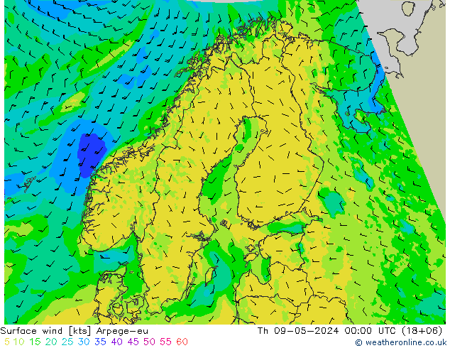 Viento 10 m Arpege-eu jue 09.05.2024 00 UTC