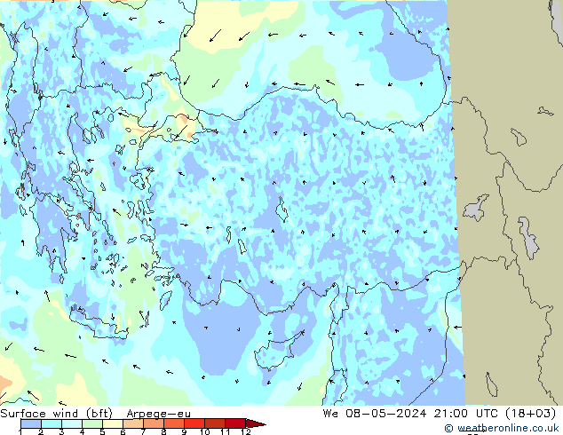 Surface wind (bft) Arpege-eu We 08.05.2024 21 UTC