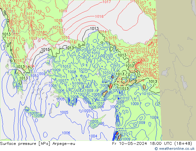 Atmosférický tlak Arpege-eu Pá 10.05.2024 18 UTC