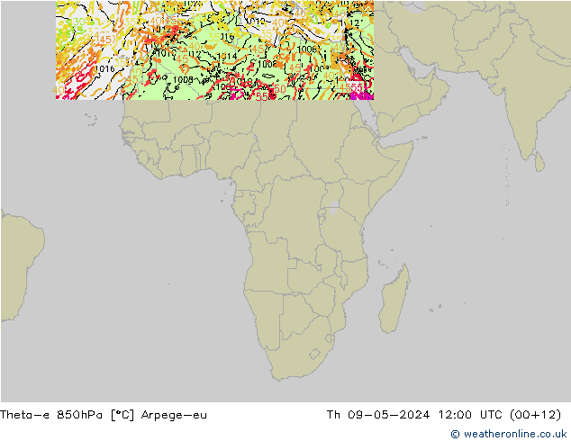 Theta-e 850hPa Arpege-eu Qui 09.05.2024 12 UTC