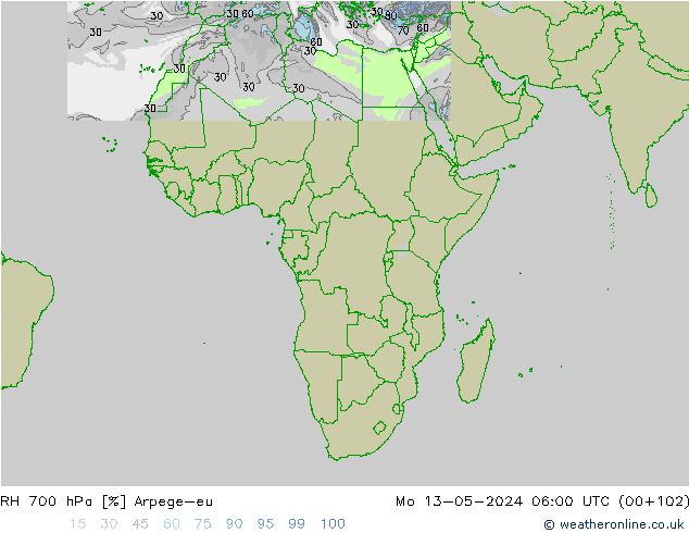 Humedad rel. 700hPa Arpege-eu lun 13.05.2024 06 UTC