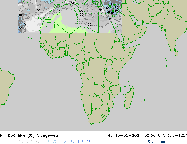 RH 850 hPa Arpege-eu Mo 13.05.2024 06 UTC