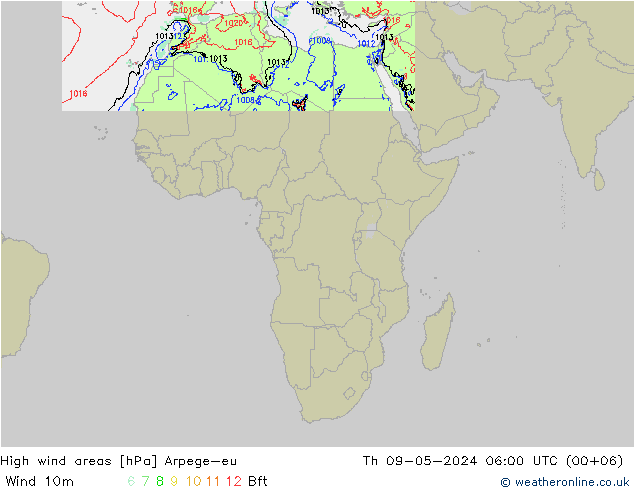 High wind areas Arpege-eu Th 09.05.2024 06 UTC