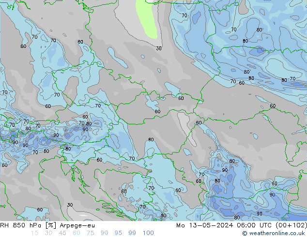 Humidité rel. 850 hPa Arpege-eu lun 13.05.2024 06 UTC