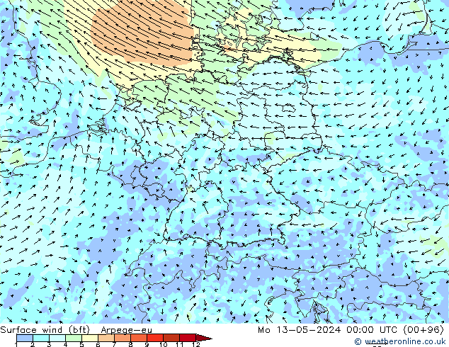 Surface wind (bft) Arpege-eu Mo 13.05.2024 00 UTC