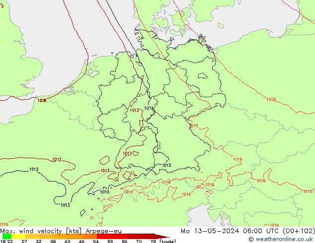 Windböen Arpege-eu Mo 13.05.2024 06 UTC