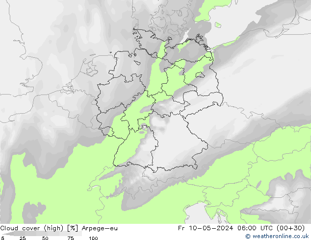 Cloud cover (high) Arpege-eu Fr 10.05.2024 06 UTC