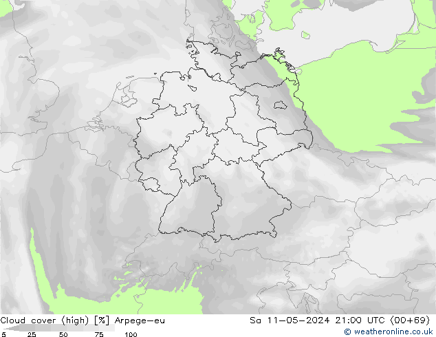 Cloud cover (high) Arpege-eu Sa 11.05.2024 21 UTC