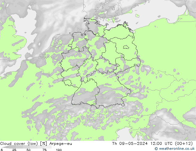 Cloud cover (low) Arpege-eu Th 09.05.2024 12 UTC