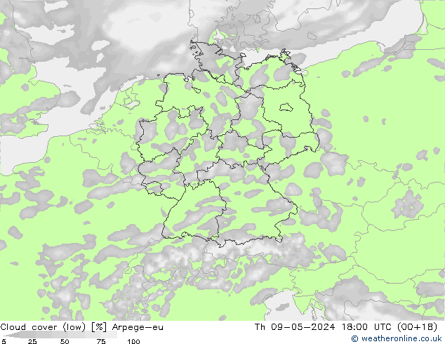Cloud cover (low) Arpege-eu Th 09.05.2024 18 UTC