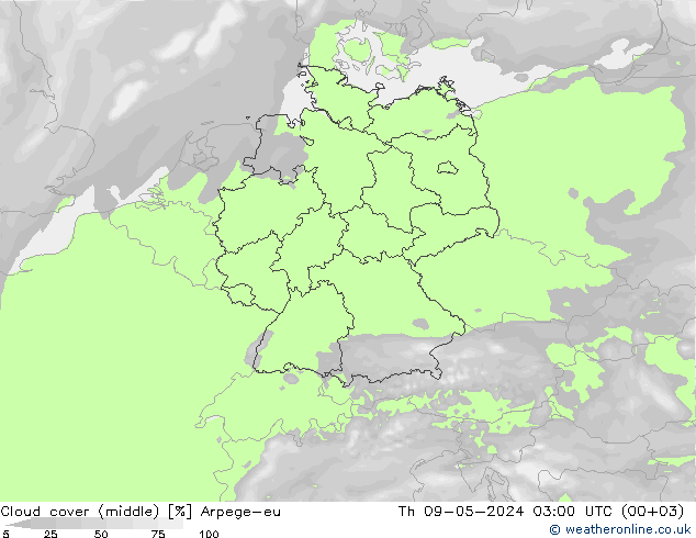 Cloud cover (middle) Arpege-eu Th 09.05.2024 03 UTC