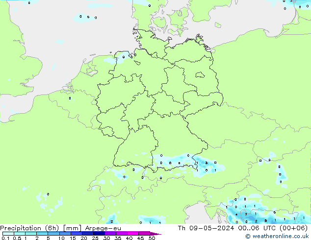 降水量 (6h) Arpege-eu 星期四 09.05.2024 06 UTC