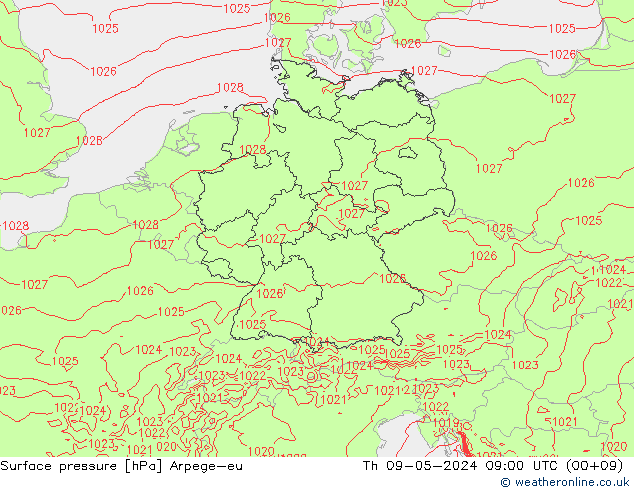 Surface pressure Arpege-eu Th 09.05.2024 09 UTC