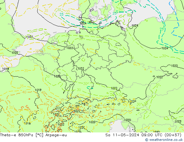 Theta-e 850hPa Arpege-eu za 11.05.2024 09 UTC