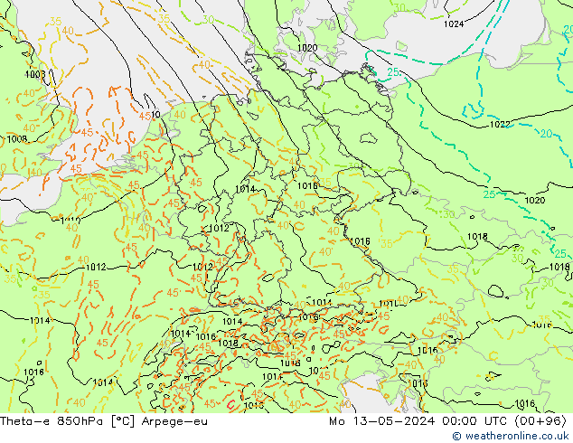 Theta-e 850гПа Arpege-eu пн 13.05.2024 00 UTC
