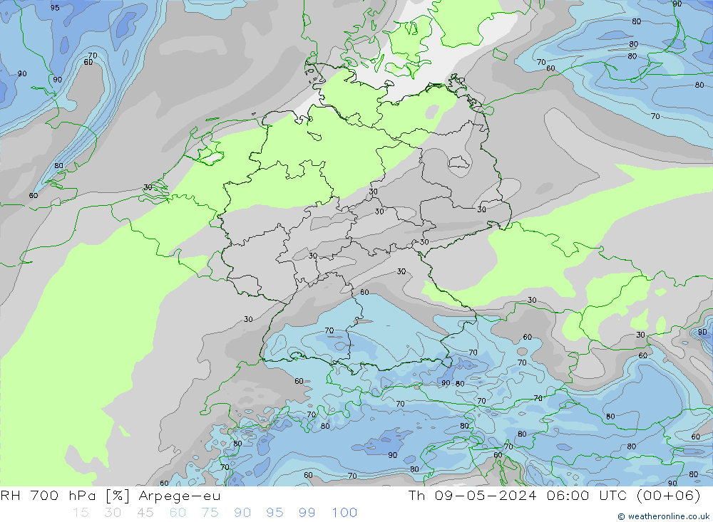 RH 700 hPa Arpege-eu 星期四 09.05.2024 06 UTC