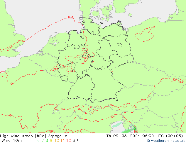 High wind areas Arpege-eu 星期四 09.05.2024 06 UTC